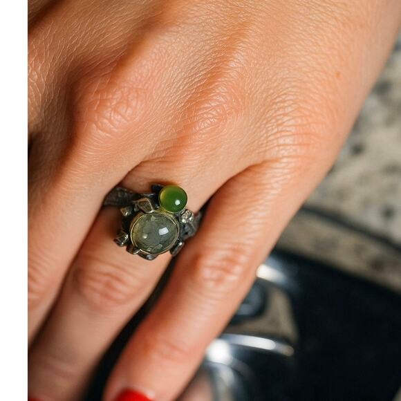 VINTAGE Moss Agate 925 Sterling Silver Artisan Brutalist Ring Sz. 5.25 Gemstone - Picture 3 of 14